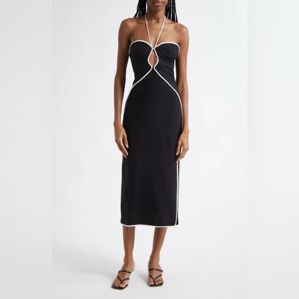 FARM RIO Contrast Detail Center Cutout Linen Blend Midi Dress